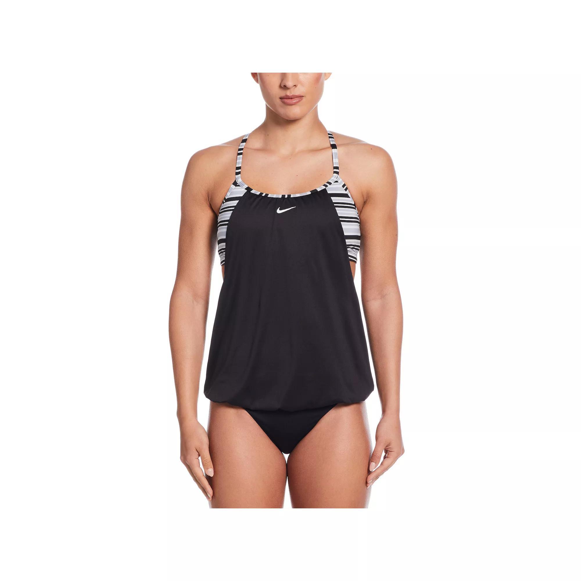 Women's Nike Off Stripe Layered Tankini Swim Top, Size: Small, Black Navy Product Image