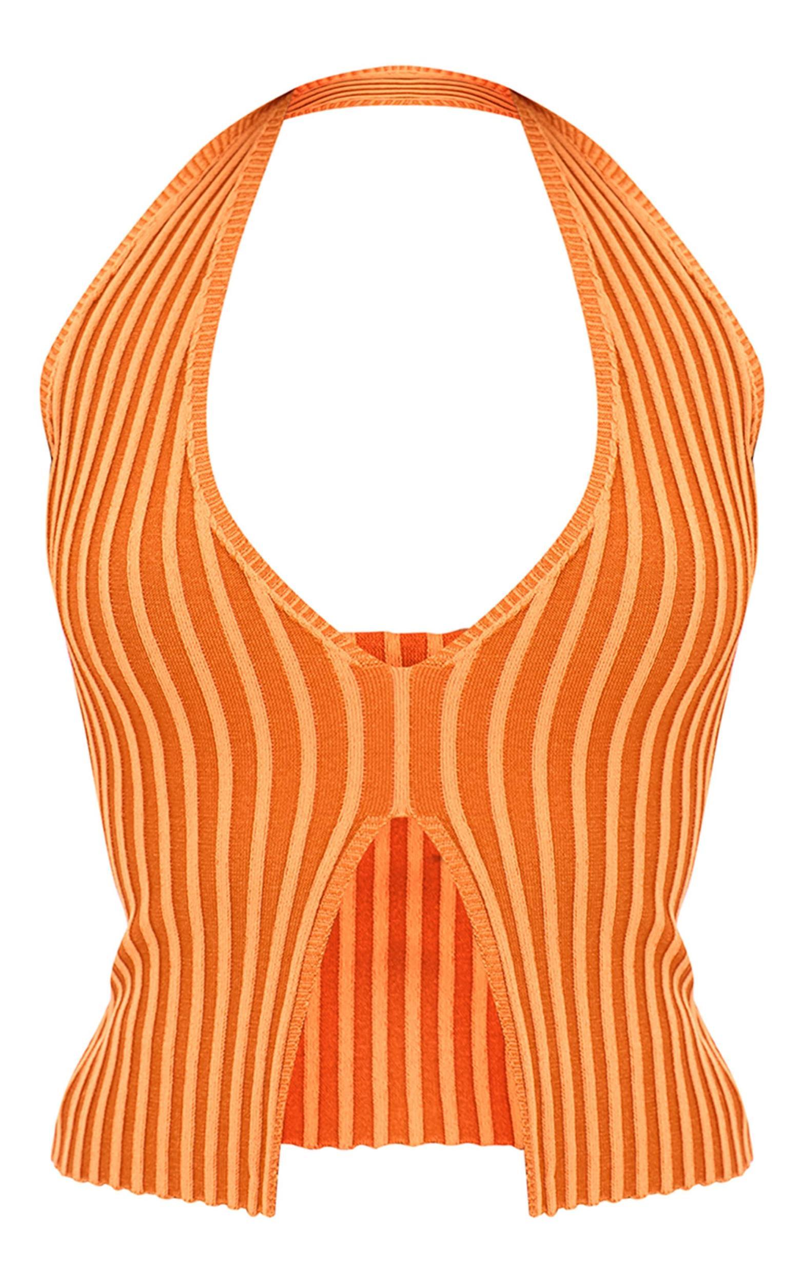 Rust Two Tone Knit Halter Neck Split Top Product Image