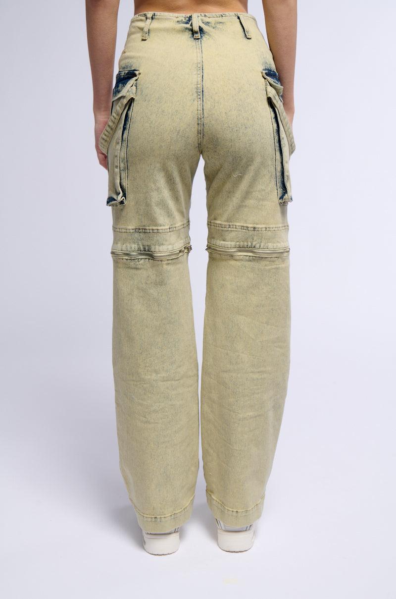 CAPRICE DISTRESSED DENIM CARGO CONVERTIBLE ZIP OFF PANT Product Image