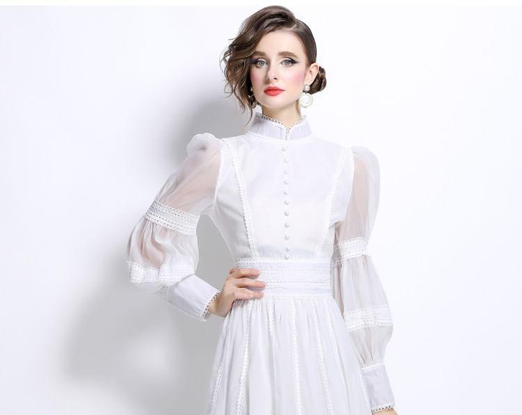 Cinched Sleeve Stand Collar Plain Panel Mesh Maxi A-Line Dress Product Image