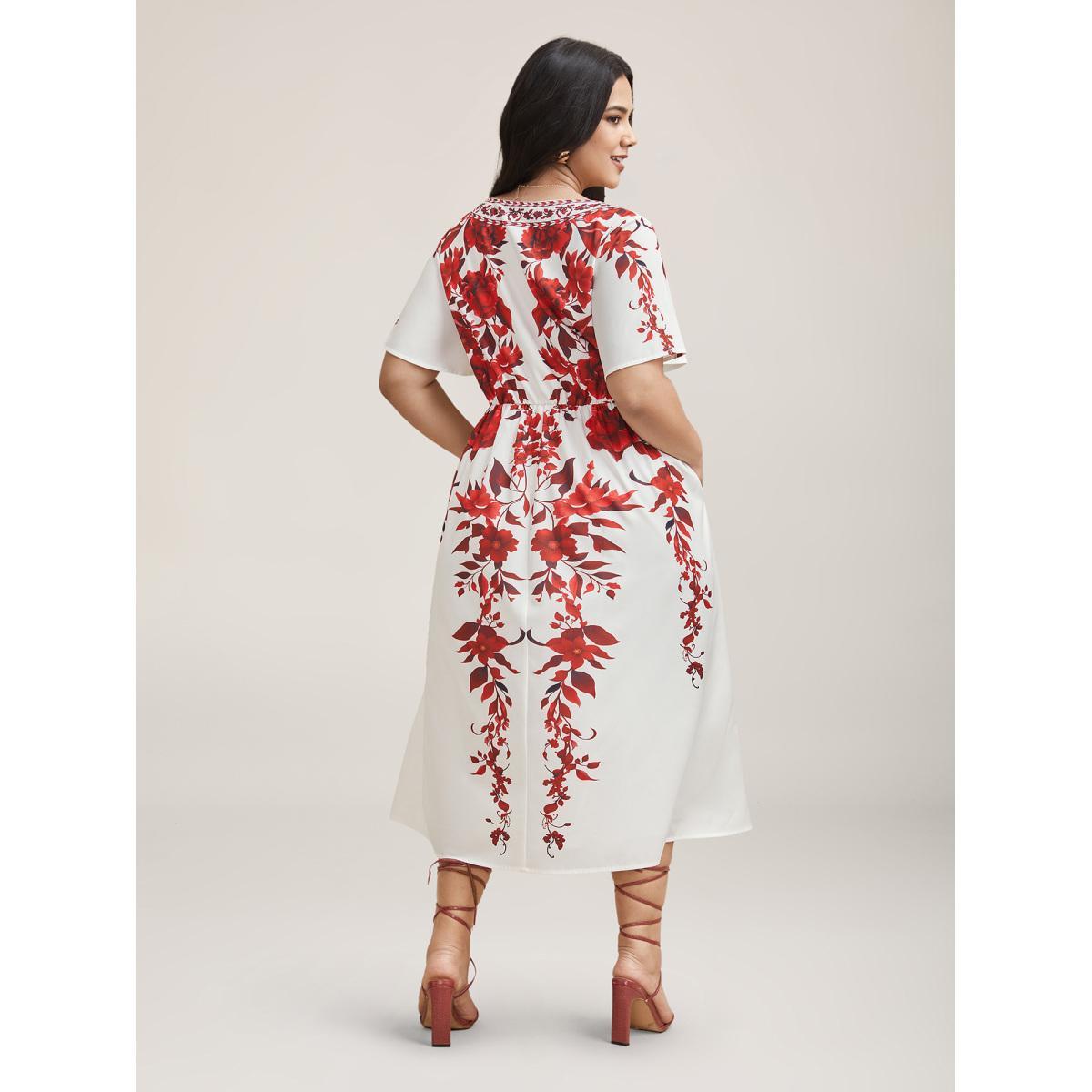 Plus Size Bohemian Floral Print Stretchy Waist Maxi Dress Originalwhite Women Elegant Non Square Neck Short sleeve Curvy BloomChic 22-24/3X Product Image