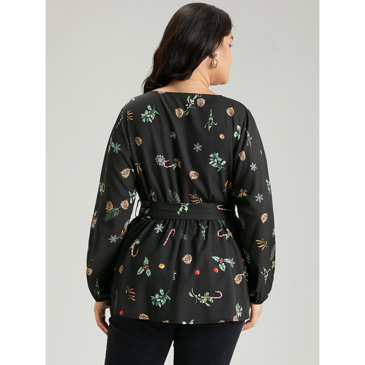 Plus Size Black Christmas Elastic Waist Belted Wrap Blouse Women Elegant Long Sleeve V-neck Festival-Christmas Blouses BloomChic 10/M Product Image