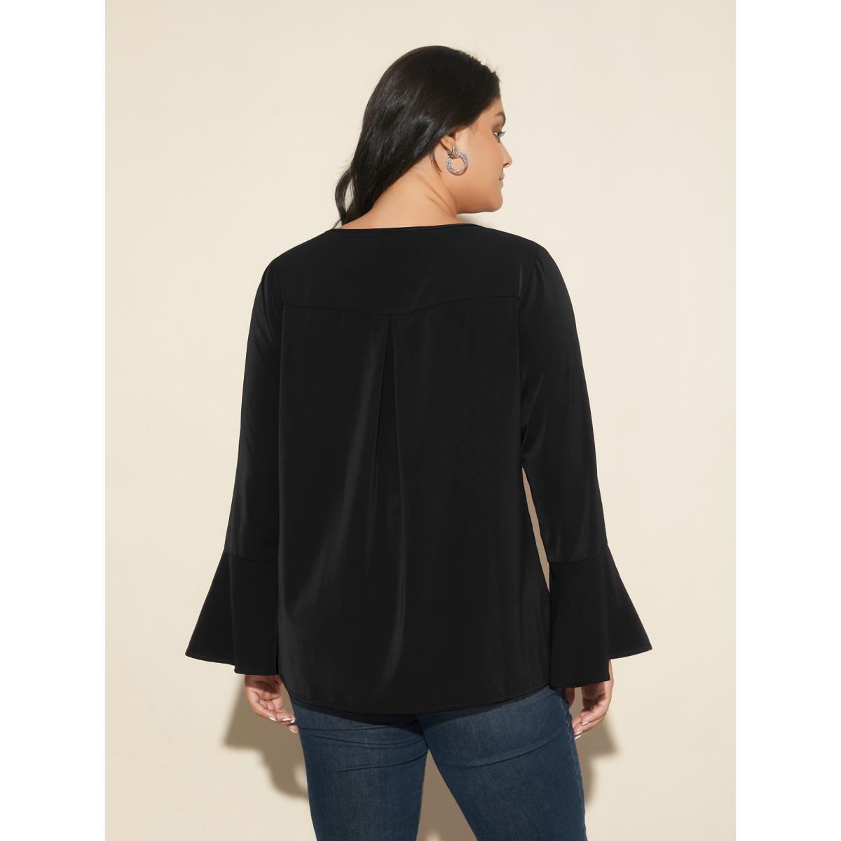Plus Size Black Beaded Embellished Bell Sleeves Blouse Women Cocktail Long Sleeve Round Neck Party Blouses BloomChic 30/6X Product Image