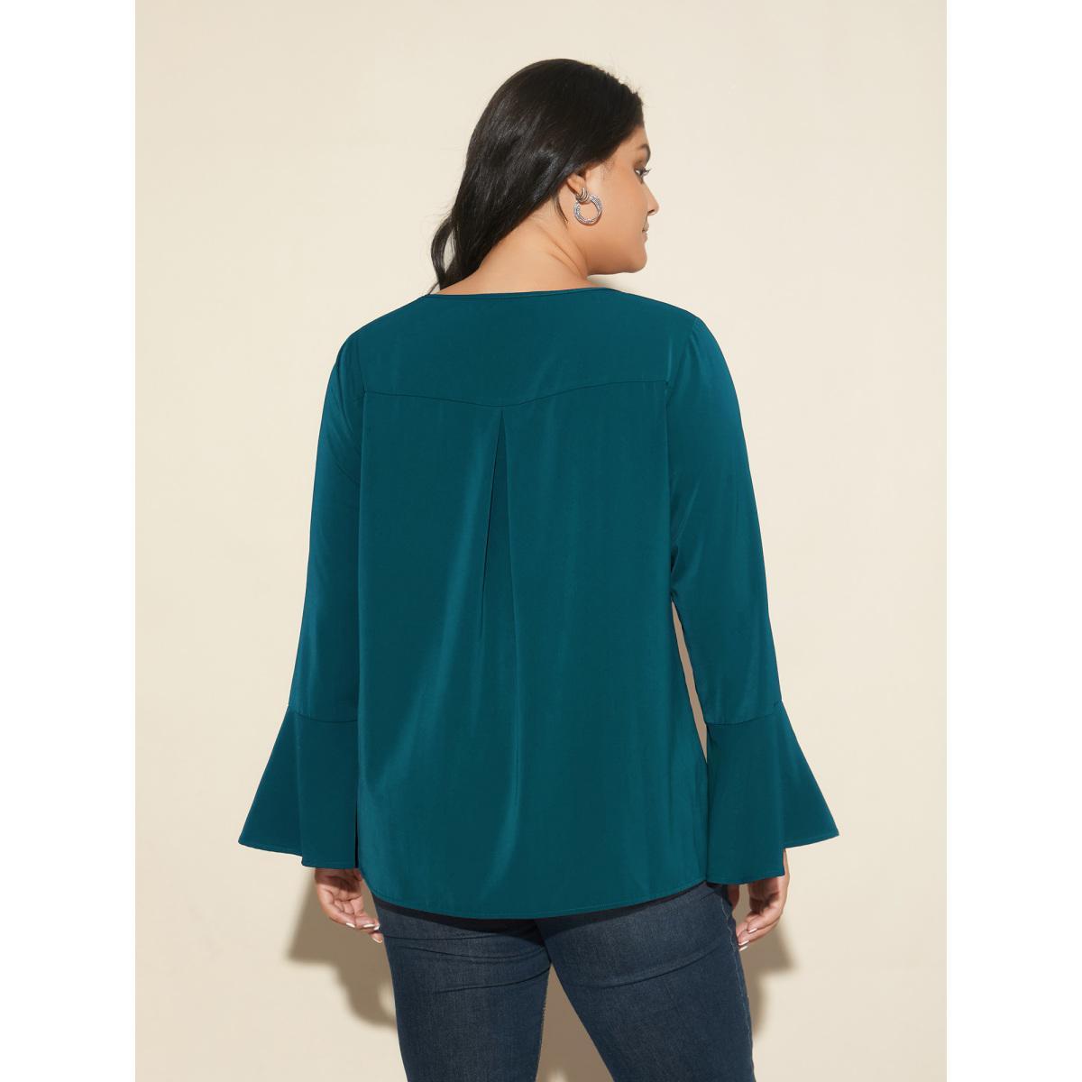 Plus Size Black Beaded Embellished Bell Sleeves Blouse Women Cocktail Long Sleeve Round Neck Party Blouses BloomChic 30/6X Product Image