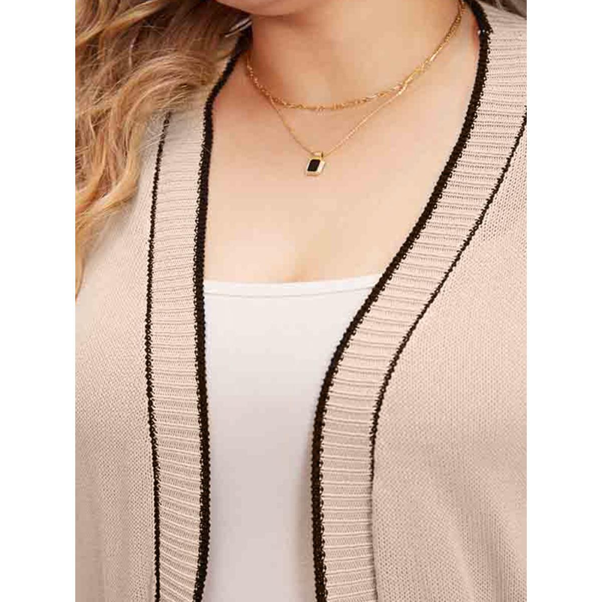 Plus Size Contrast Trim Patched Pocket Drop Shoulder Cardigan Champagne Women Casual Loose Long Sleeve Everyday Cardigans BloomChic 26/4X Product Image