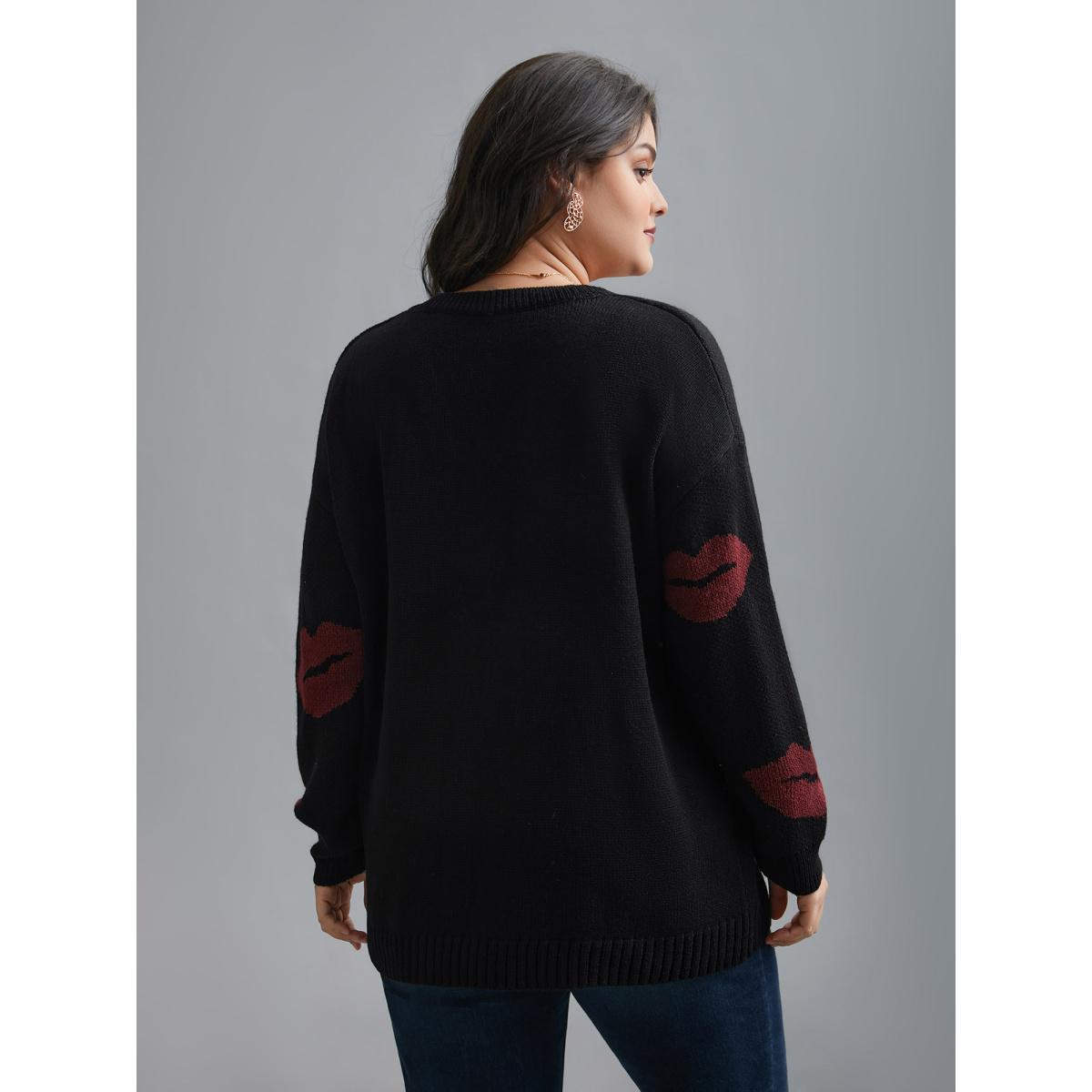 Plus Size Lip Print Contrast Knit Pullover Black Women Casual Loose Long Sleeve V-neck Everyday Pullovers BloomChic 18-20/2X Product Image