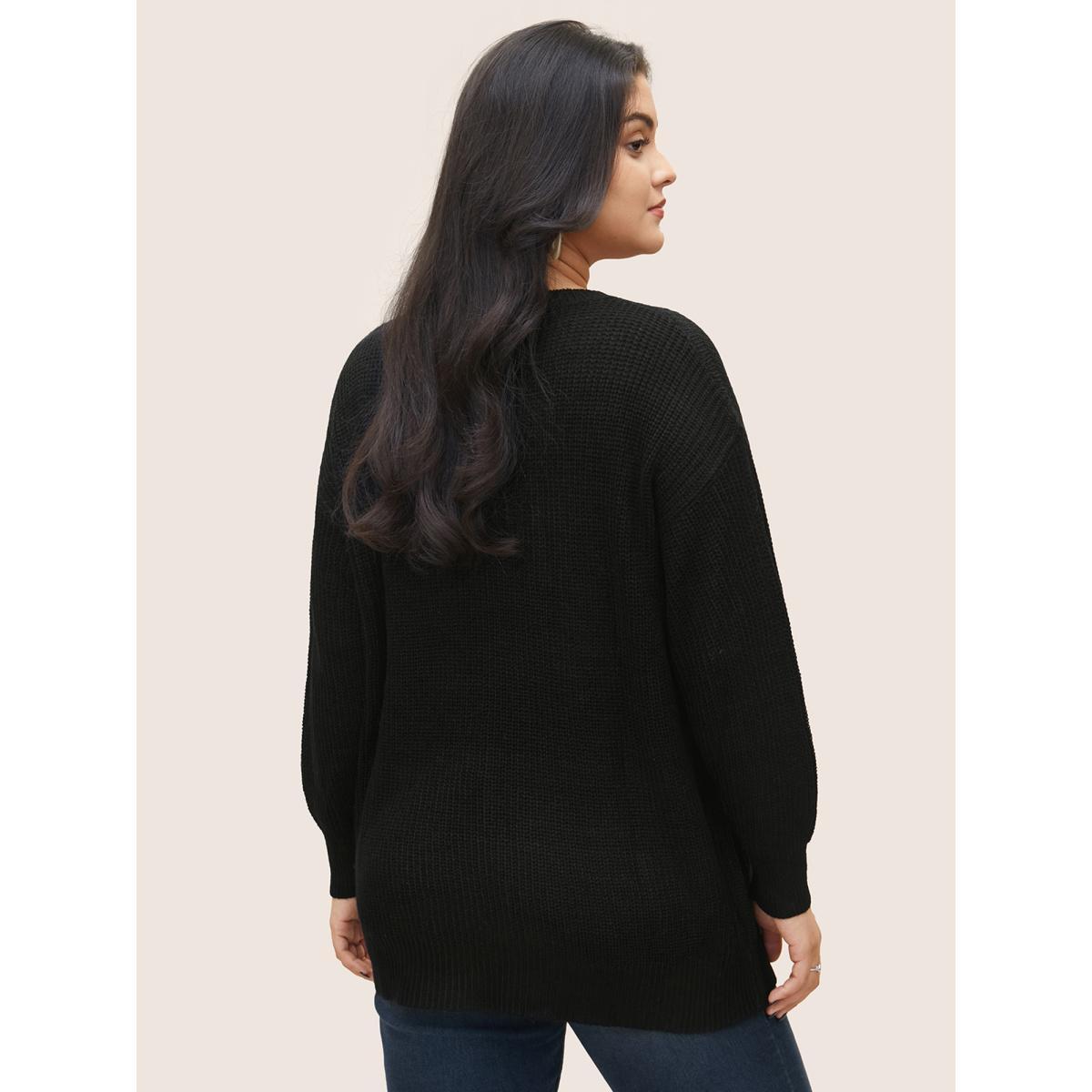 Plus Size Plain Round Neck Hollow Out Drop Shoulder Pullover Black Women Casual Loose Long Sleeve Round Neck Dailywear Pullovers BloomChic 12/L Product Image