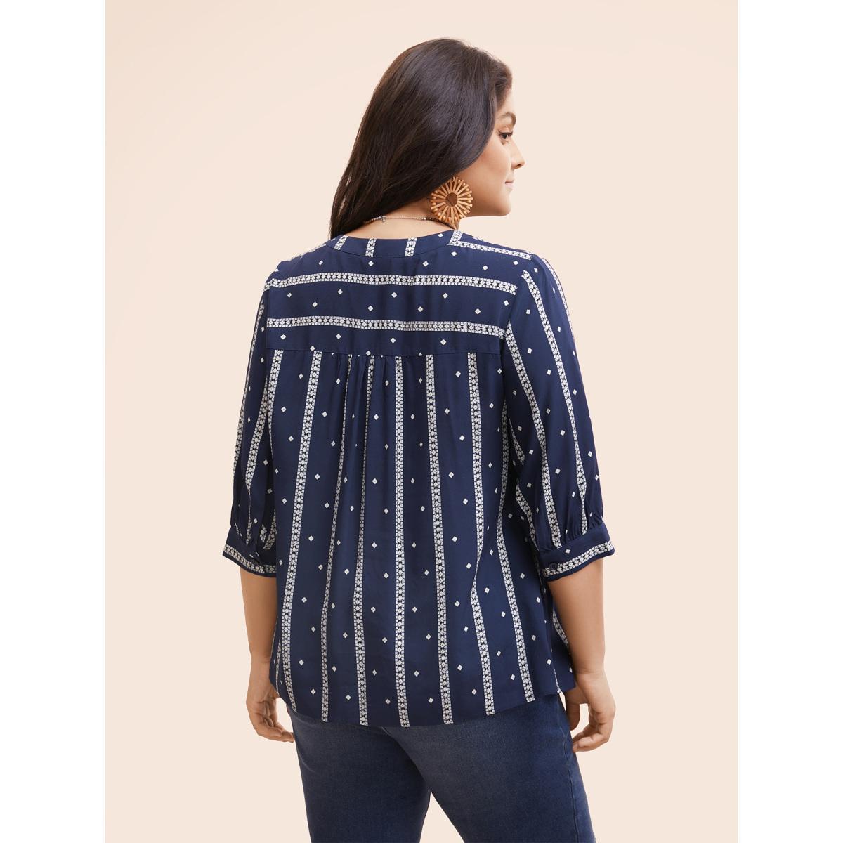 Plus Size Indigo Striped Geometric Notched Gathered Blouse Women Resort Elbow-length sleeve Notched collar Vacation Blouses BloomChic 30/6X Product Image