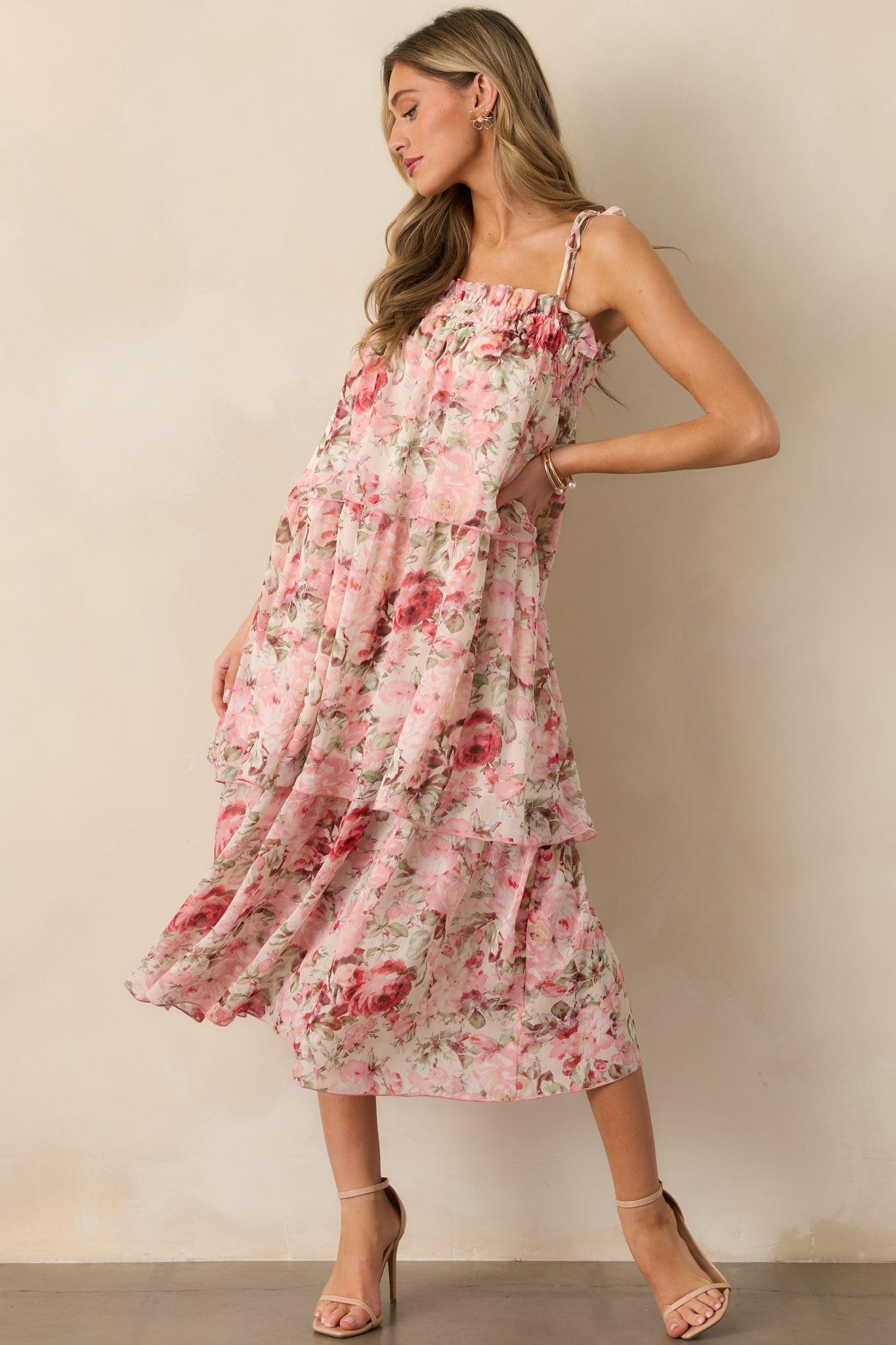 Flourishing Frenzy Pink Floral Print Midi Dress Product Image