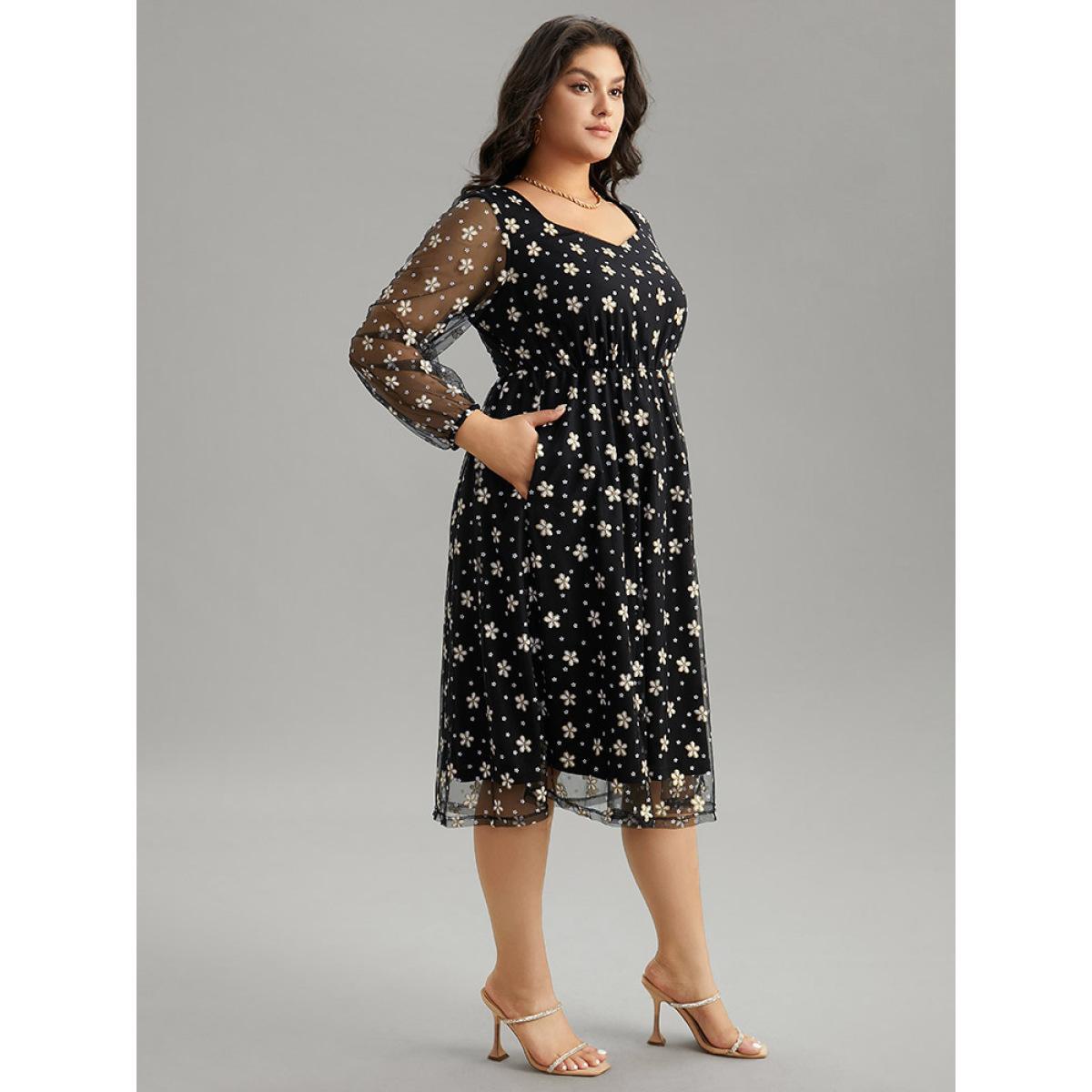 Plus Size Floral Lace Mesh Pocket Elastic Waist Dress Black Women Party Elastic cuffs Square Neck Long Sleeve Curvy Midi Dress BloomChic 10/M Product Image