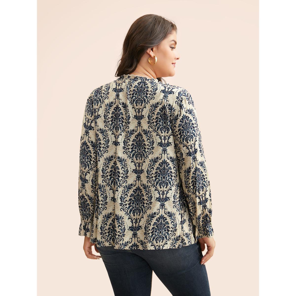 Plus Size Multicolor Boho Print Frill Trim Slit Hem Blouse Women Elegant Long Sleeve Notched collar Everyday Blouses BloomChic 28/5X Product Image