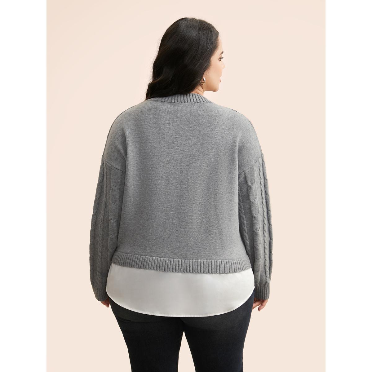 Plus Size Supersoft Essentials Cable Knit Patchwork Pullover DarkGray Women Casual Long Sleeve Round Neck Everyday Pullovers BloomChic 18-20/2X Product Image