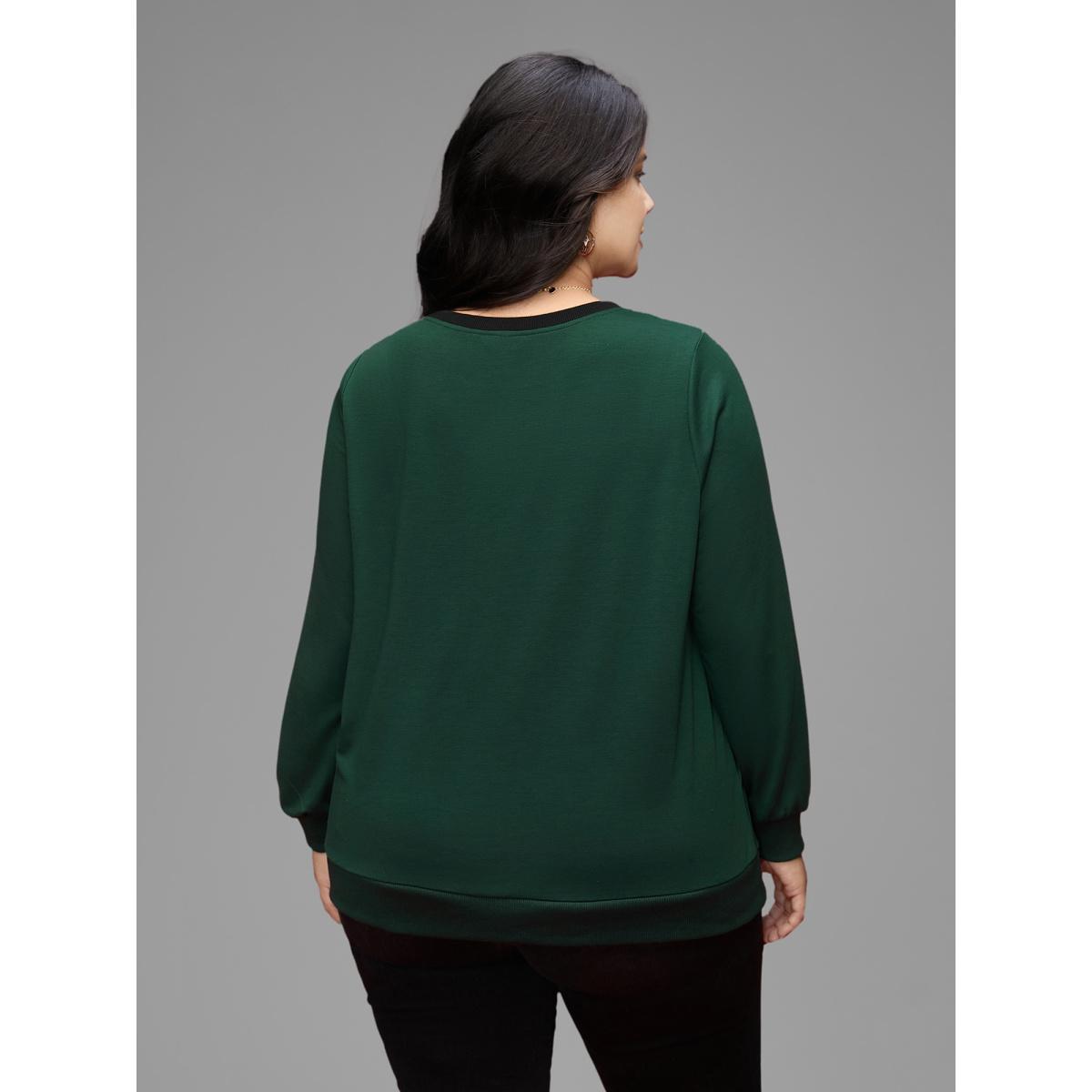 Plus Size Bow-tie Detailing High Neck Sweatshirt Women DarkGreen Casual Contrast Round Neck Everyday Sweatshirts BloomChic 14-16/1X Product Image