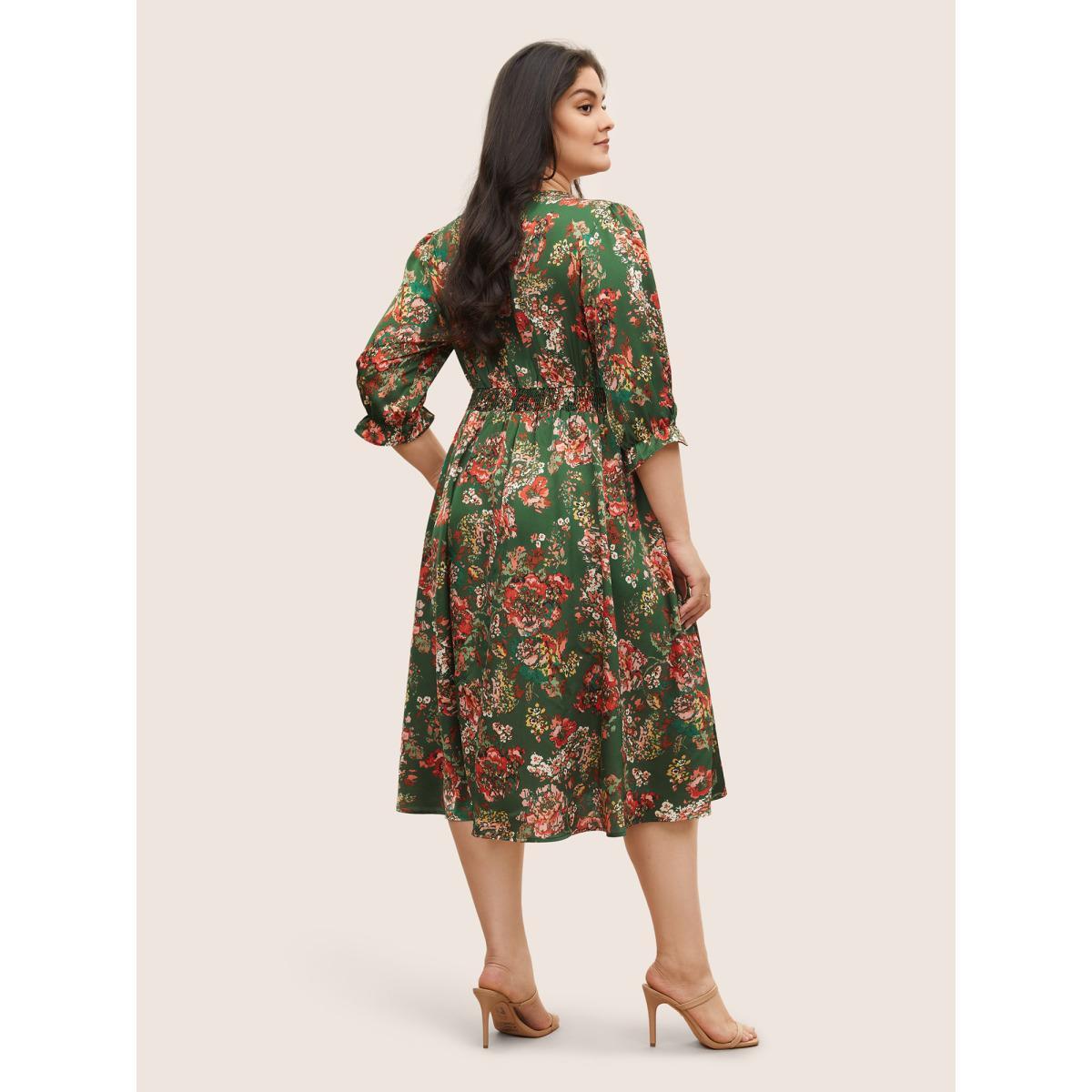 Plus Size Floral Print Flutter Sleeve Shirred Pleated Dress DarkGreen Women Elegant Non V-neck Elbow-length sleeve Curvy Midi Dress BloomChic 12/L Product Image