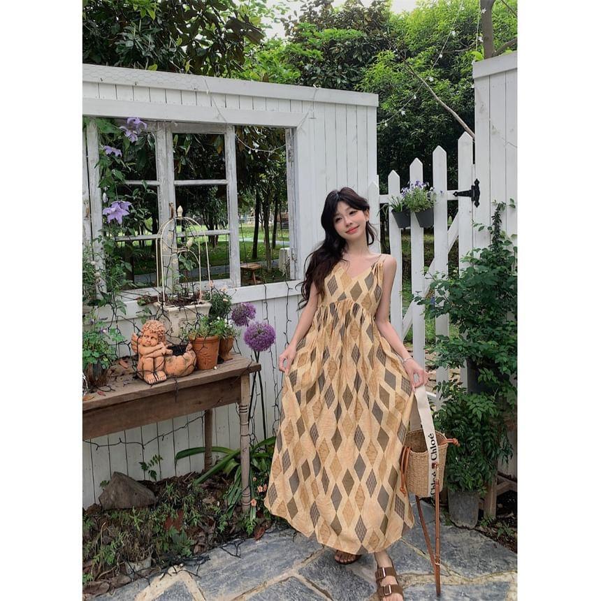 Spaghetti Strap V-Neck Argyle Maxi A-Line Dress Product Image