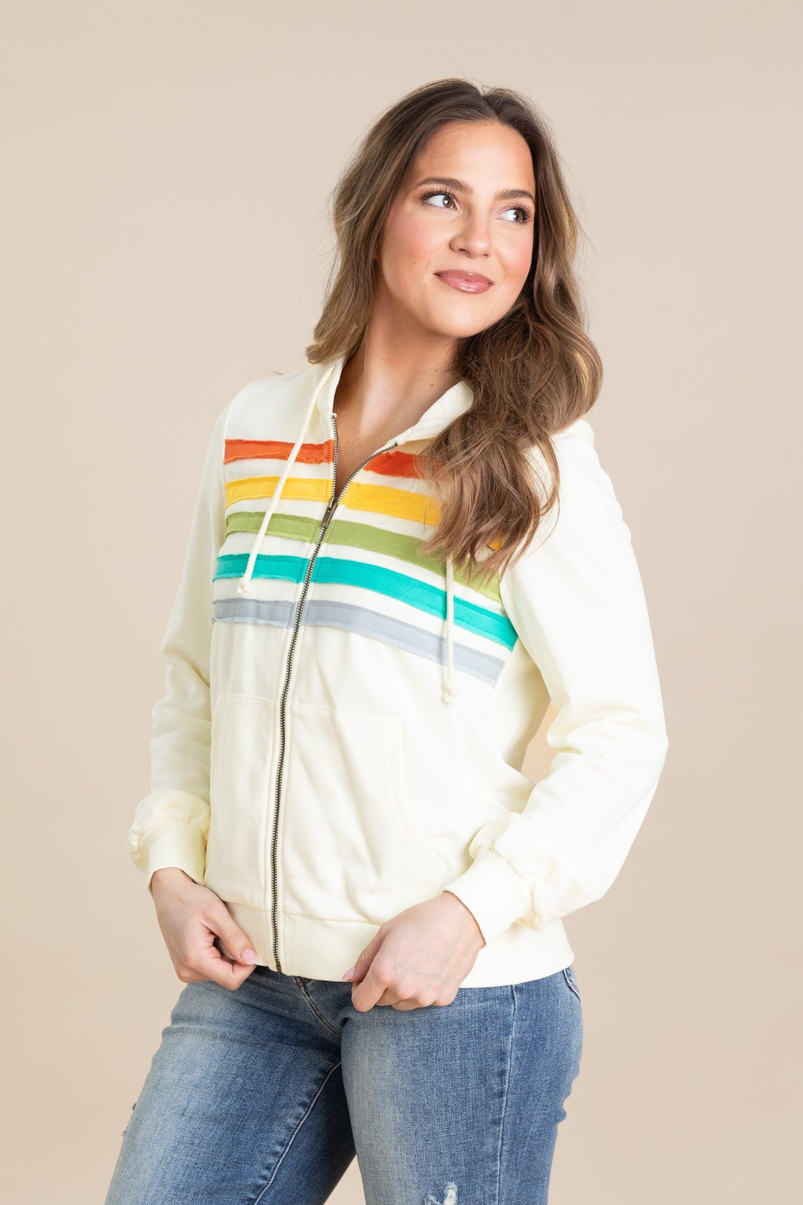 Cream Multicolor Stripe Patch Hoodie Jacket Product Image