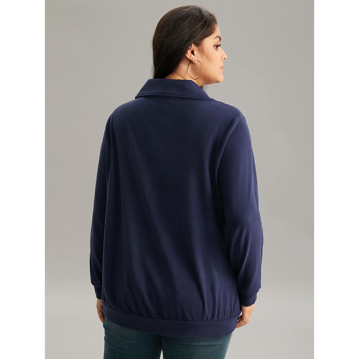 Plus Size Solid Flap Pocket Half Zip Sweatshirt Women Blue Casual Plain Lapel Collar Dailywear Sweatshirts BloomChic 30/6X Product Image
