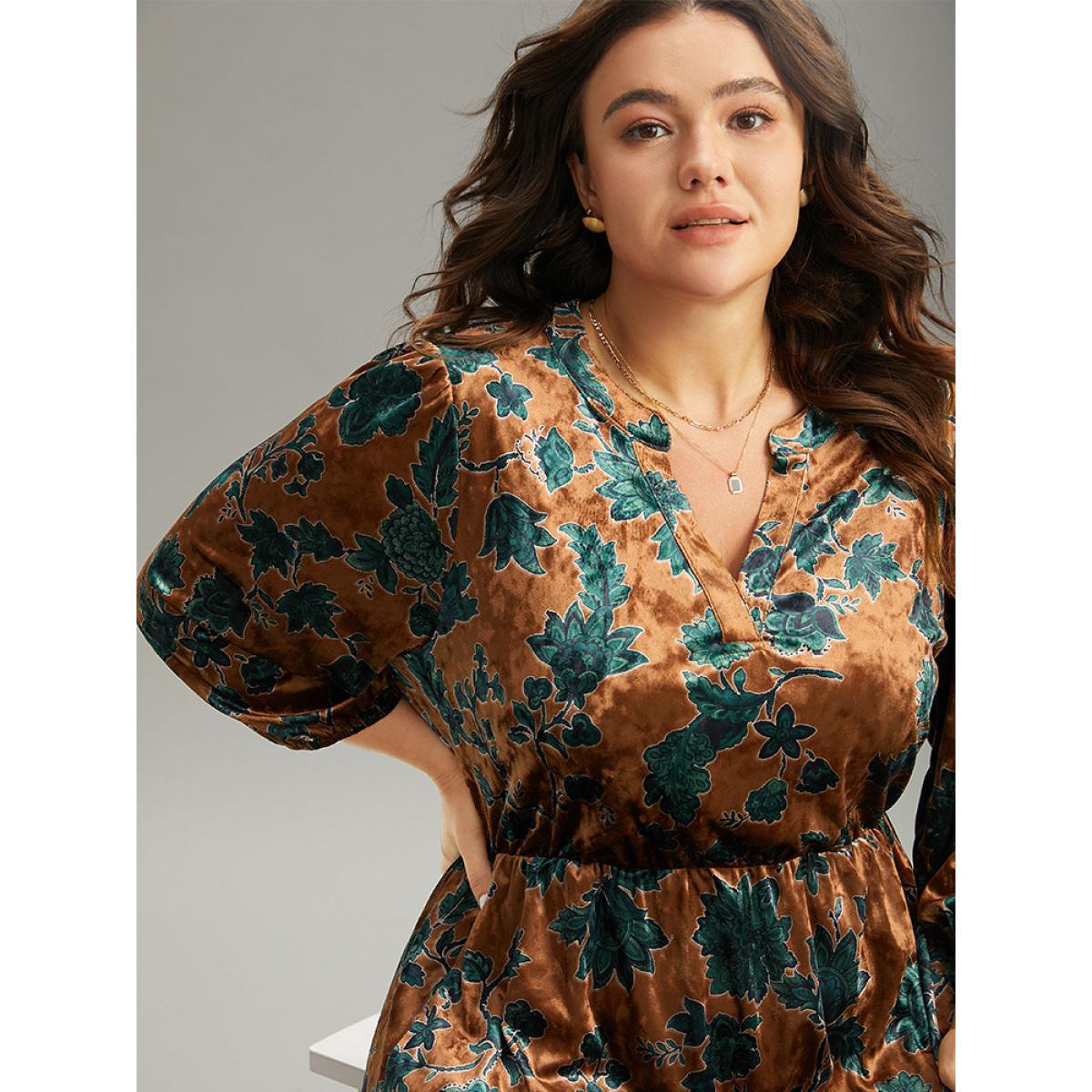 Plus Size Velvet Floral Print Notched Lantern Sleeve Dress Chocolate Women Casual Velvet Notched collar Elbow-length sleeve Curvy Midi Dress BloomChic 14-16/1X Product Image
