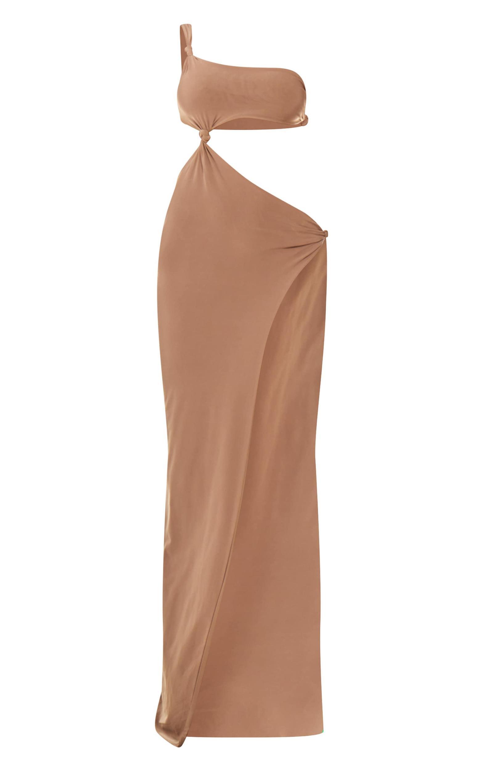 Sand Double Layer Slinky Asymmetrical Knotted Maxi Dress Product Image