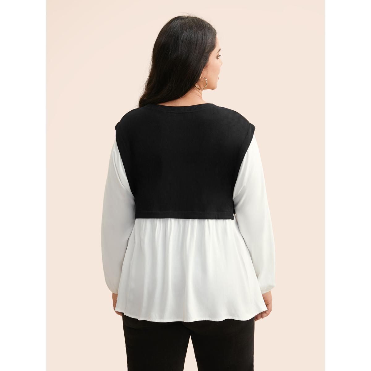Plus Size Multicolor Round Neck Patchwork Contrast Gathered Blouse Women Casual Long Sleeve Round Neck Everyday Blouses BloomChic 28/5X Product Image