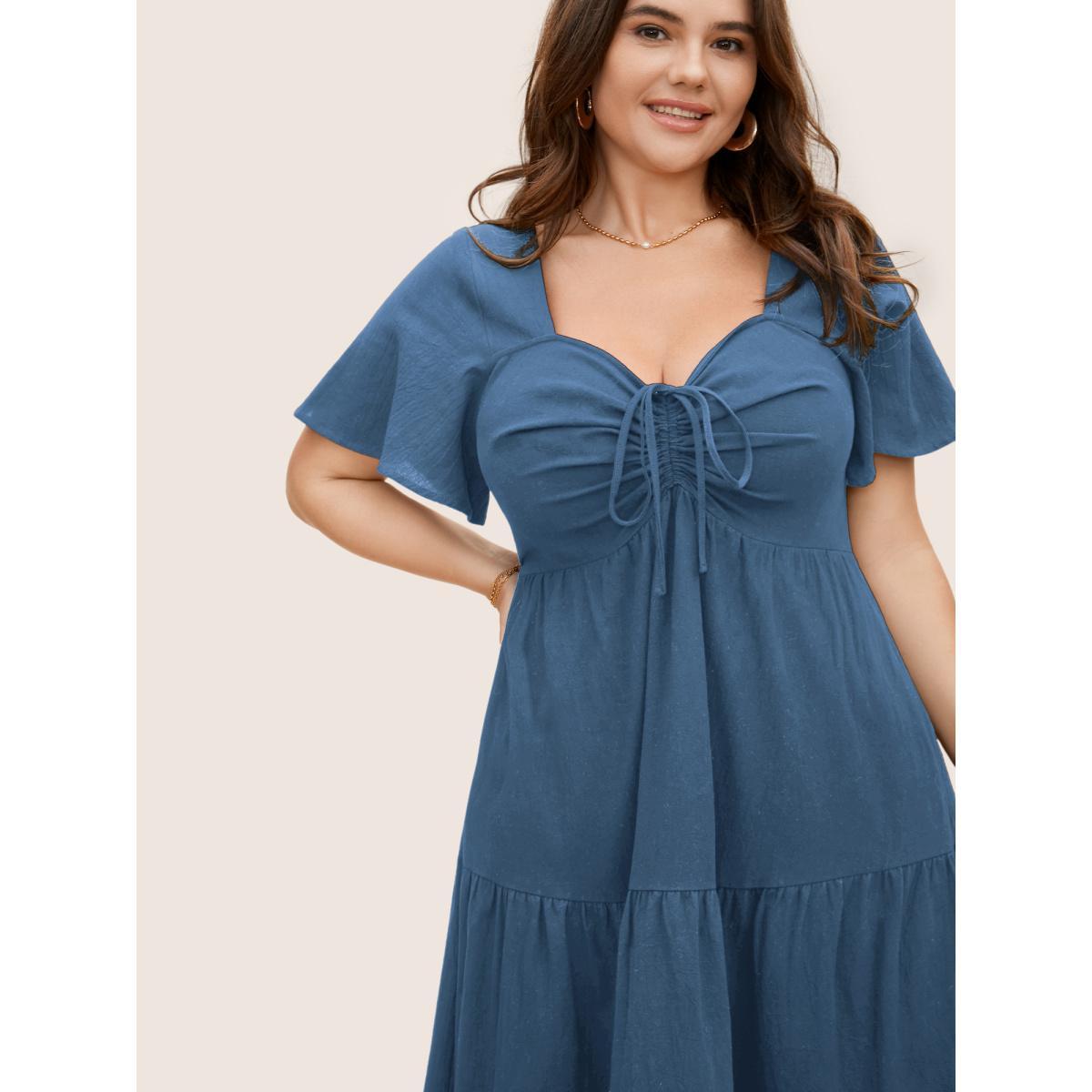 Plus Size Cotton Heart Neckline Drawstring Gathered Midi Dress Mediumblue Women Elegant Gathered Heart neckline Short sleeve Curvy BloomChic 22-24/3X Product Image
