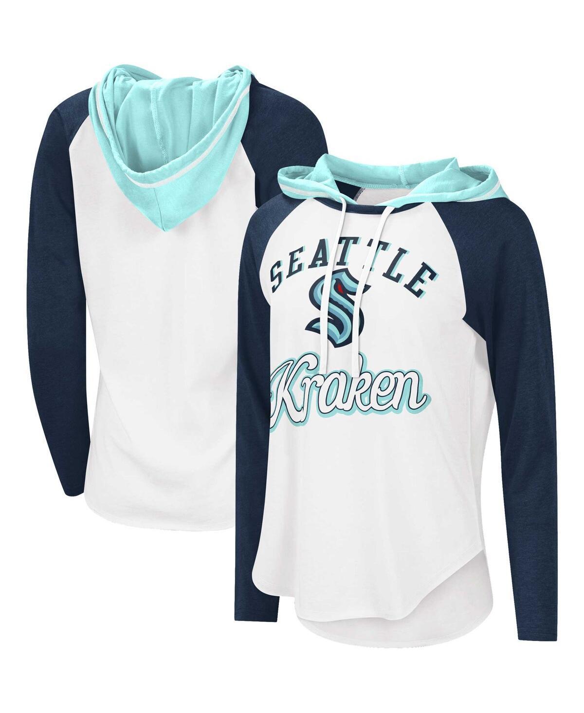 Women's Starter White/Deep Sea Blue Seattle Kraken MVP Raglan Hoodie T-Shirt, Size: Large, Krk White Product Image