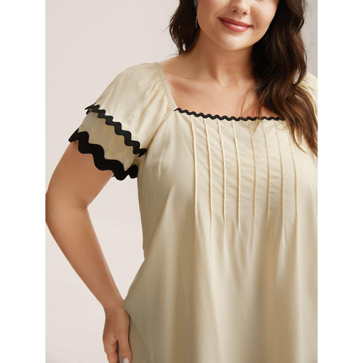 Plus Size Ivory Color Block Layered Sleeve Blouse Women Cap Sleeve Square Neck Vacation Blouses BloomChic 10/M Product Image