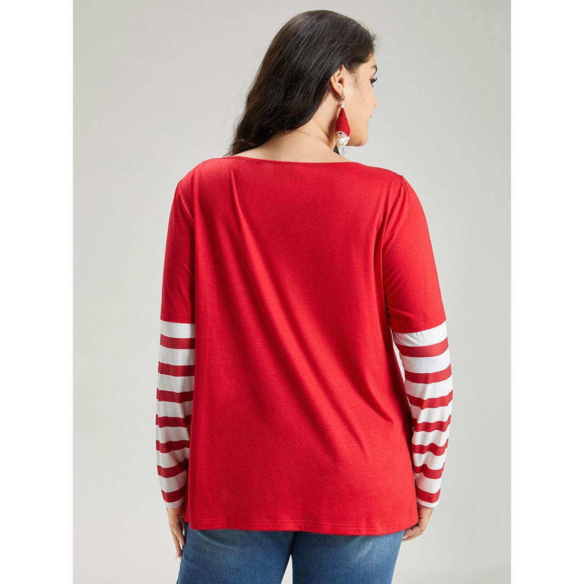 Plus Size Snowflake Striped Patchwork T-shirt Red Women Casual Contrast Christmas Round Neck Festival-Christmas T-shirts BloomChic 18-20/2X Product Image