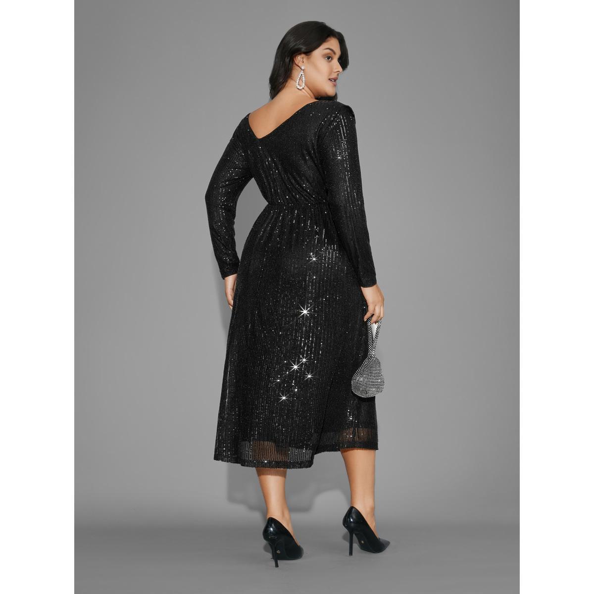 Plus Size Sequin Mesh Asymmetrical Neck Midi Dress Black Women Cocktail Texture Party Curvy Bloomchic 14-16/1X Product Image