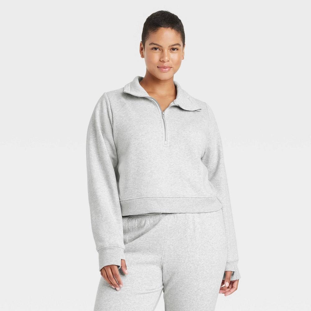 Women's Fleece Half Zip Pullover Sweatshirt - All In Motion™ Heathered L: Relaxed Fit, Lightweight, Seam Pocket, Thumbholes Product Image