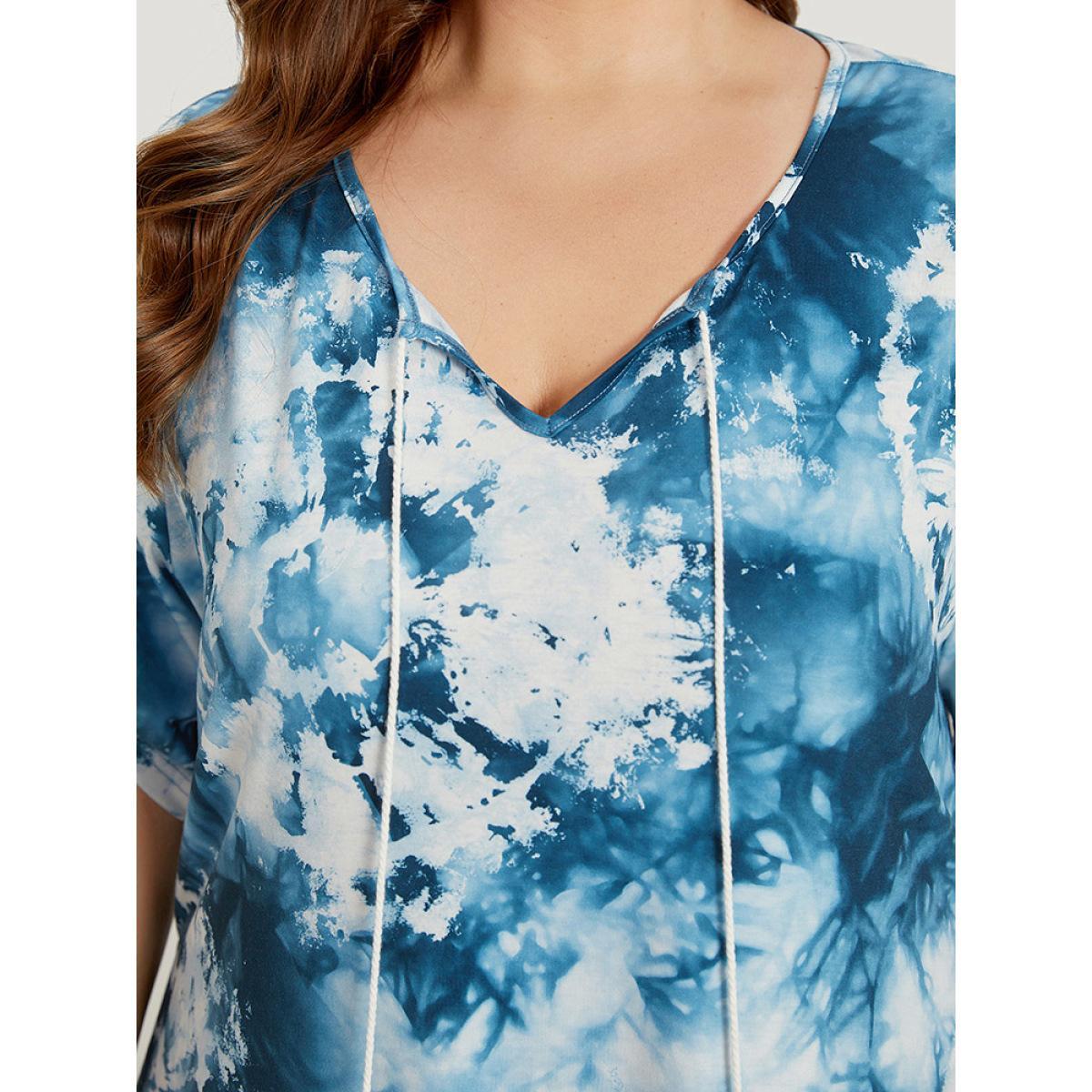Plus Size Tie Dye Tassels Knot Neck Pocket Cuffed Sleeve Dress Cerulean Women Casual Tassels Tie Neck Short sleeve Curvy Midi Dress BloomChic 28/5X Product Image