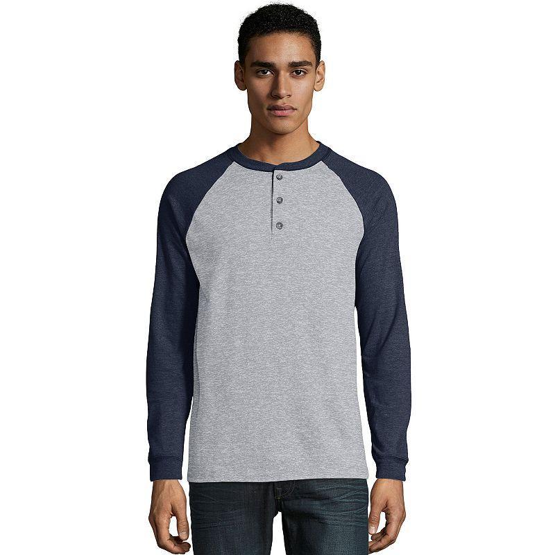 Men's Hanes® Beefy Heavyweight Colorblock Raglan Henley, Size: Small, Oxford Gray Grey Product Image