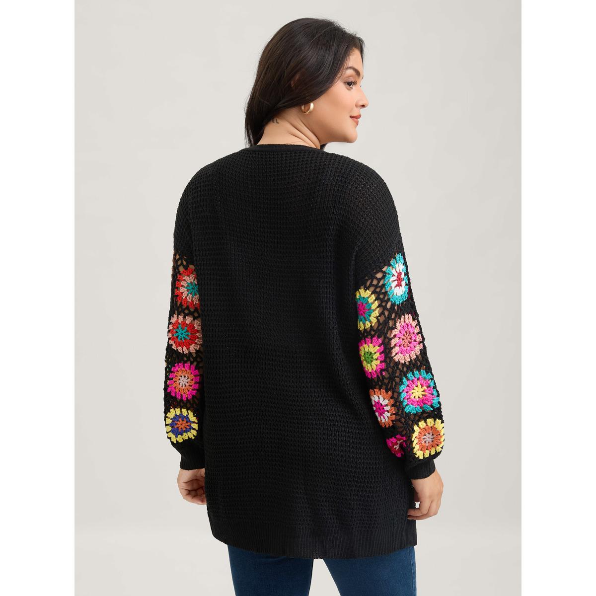 Plus Size Crochet Floral Drop Shoulder Cut Out Cardigan Black Women Resort Loose Long Sleeve Vacation Cardigans BloomChic 12/L Product Image
