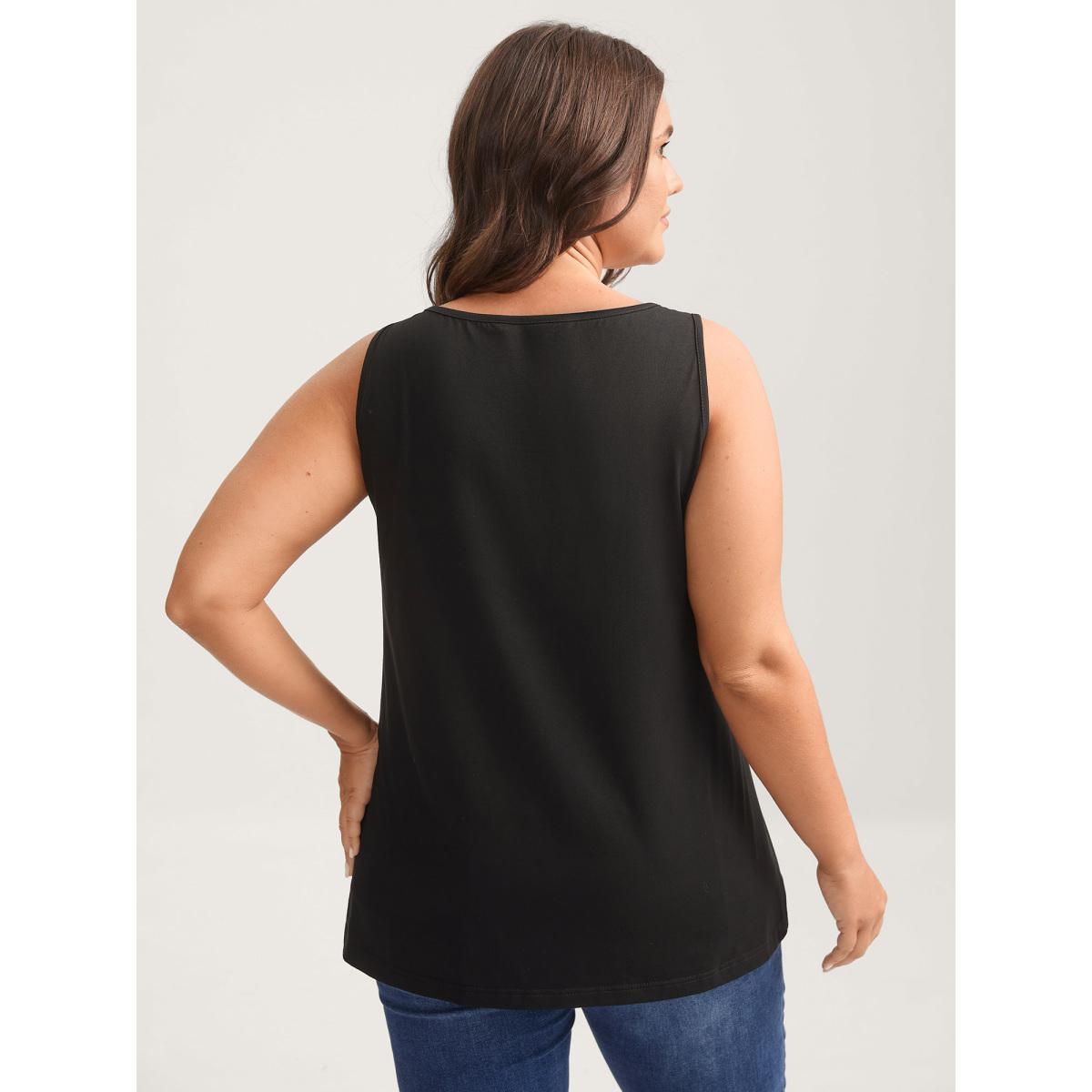 Plus Size Stretchy Neck Cut-Out Solid Tank Top Women Black Non Asymmetrical Neck Everyday-Casual Tank Tops Camis BloomChic 28/5X Product Image