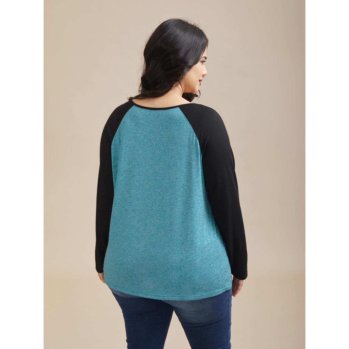 Plus Size Heather Patchwork Button Detail Stretchy T-Shirt Cerulean Women Casual Contrast Flat collar with V-notch Everyday T-shirts BloomChic 10/M Product Image