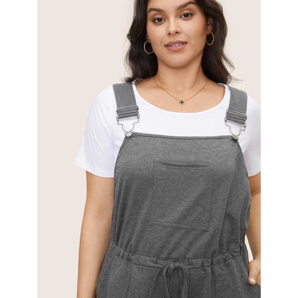 Plus Size DimGray Solid Pocket Drawstring Overall Romper Women Casual Sleeveless Non Everyday Loose Jumpsuits BloomChic 26/4X Product Image