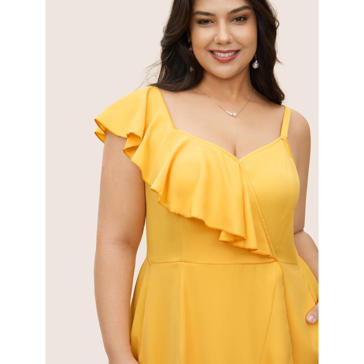 Plus Size Citrus Solid Ruffle Trim Surplice Neck Dress Gold Women Elegant Overlapping V-neck Sleeveless Curvy Midi Dress BloomChic 26/4X Product Image