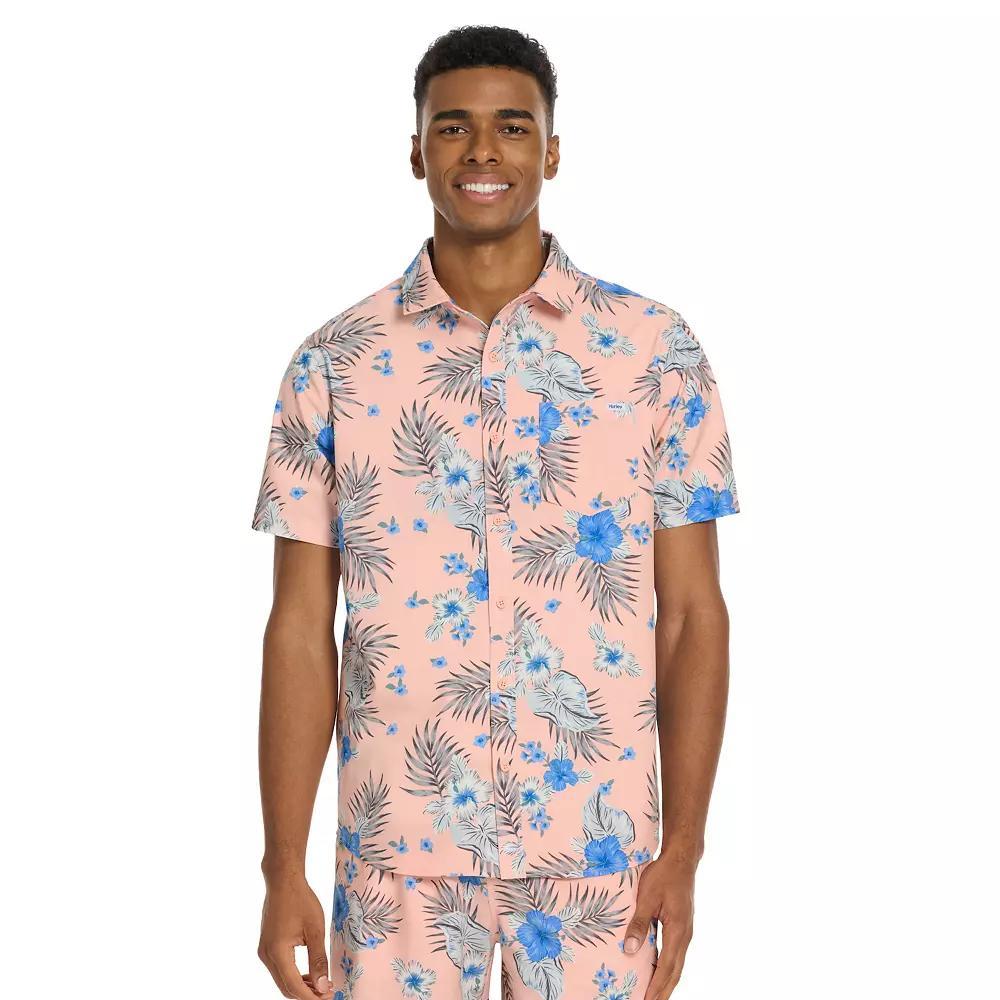 Men's Hurley Bahia Printed Stretch Short Sleeve Button-Down Shirt, Size: Small, Candy Pink Product Image