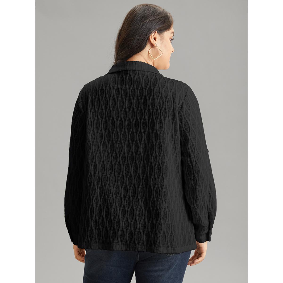 Plus Size Black Plain Shirt Collar Tab Sleeve Jacquard Blouse Women Casual Long Sleeve Shirt collar Work Blouses BloomChic 10/M Product Image