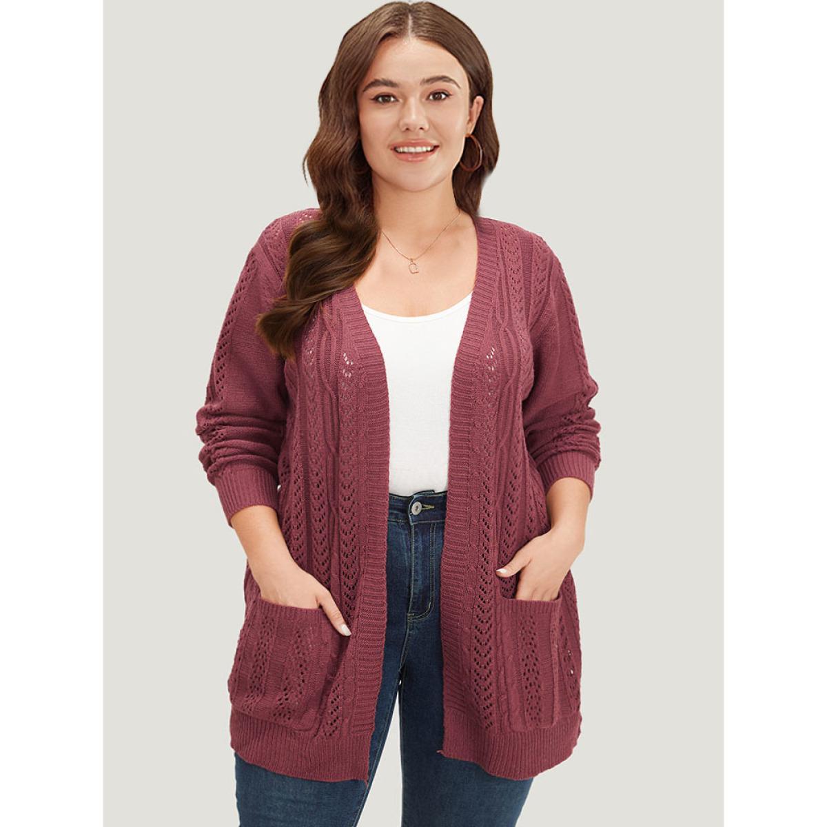 Plus Size Solid Patched Pocket Geo Eyelet Open Front Cardigan Maroon Women Casual Loose Long Sleeve Everyday Cardigans BloomChic 18-20/2X Product Image