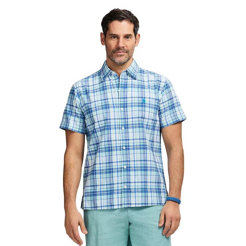 Men's IZOD Madras Short Sleeve Button Down Shirt, Size: Medium, Adriatic Blue Product Image
