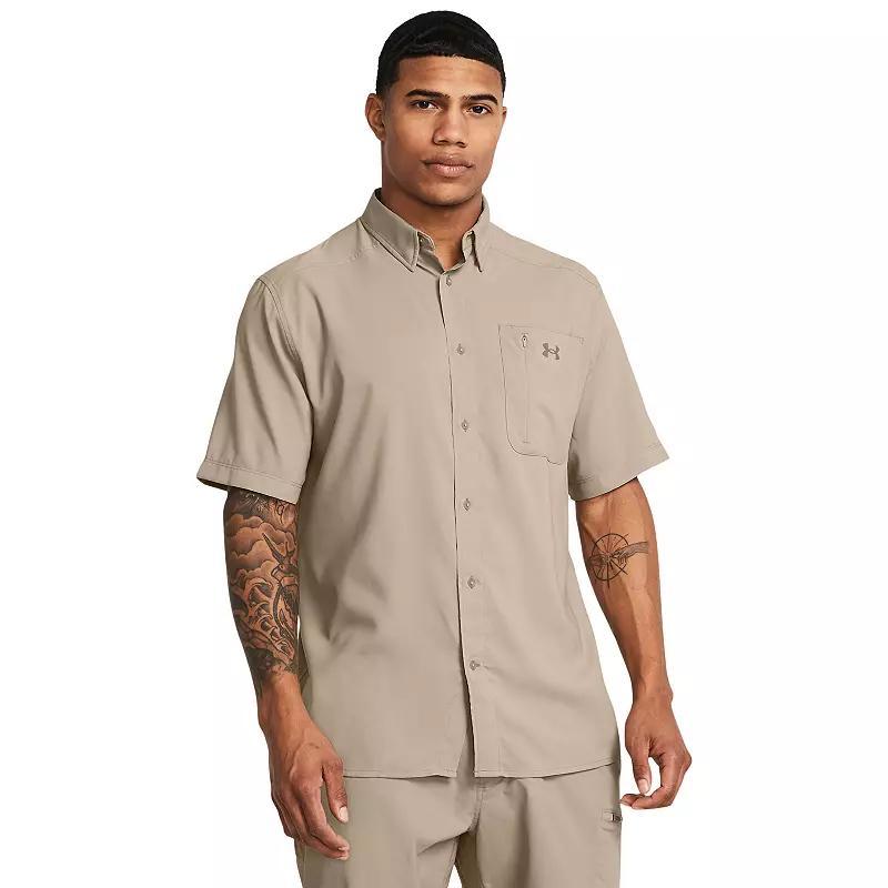 Men's Under Armour UPF 30 Drift Tide 2.0 Fitted Performance Short Sleeve Button-Down Shirt, Size: Medium, Silica Green Product Image