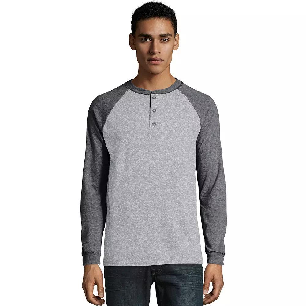 Men's Hanes® Beefy Heavyweight Colorblock Raglan Henley, Size: Small, Oxford Gray Grey Product Image