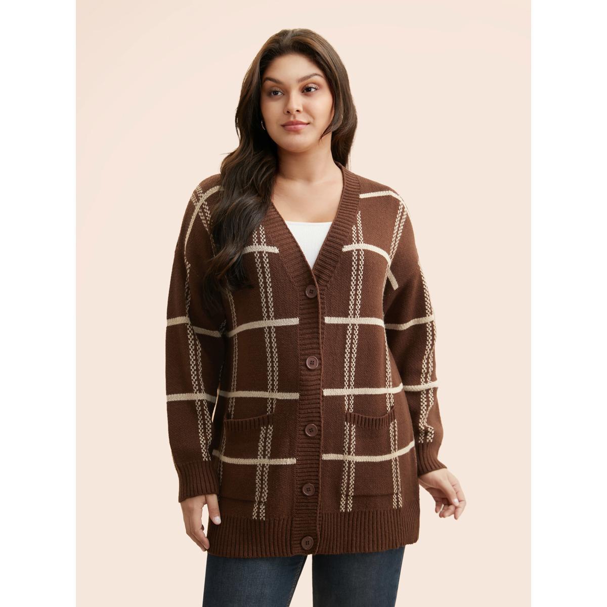 Plus Size Plaid Button Up Pocket Cardigan Browncoffeecolor Women Casual Loose Long Sleeve Everyday Cardigans BloomChic 26/4X Product Image