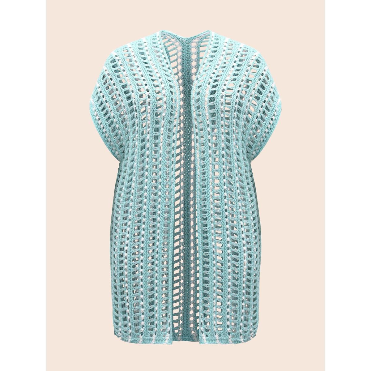 Plus Size Kimono Collar Cut Out Drop Shoulder Cardigan Turquoise Women Casual Loose Short sleeve Everyday Cardigans BloomChic 12/L Product Image
