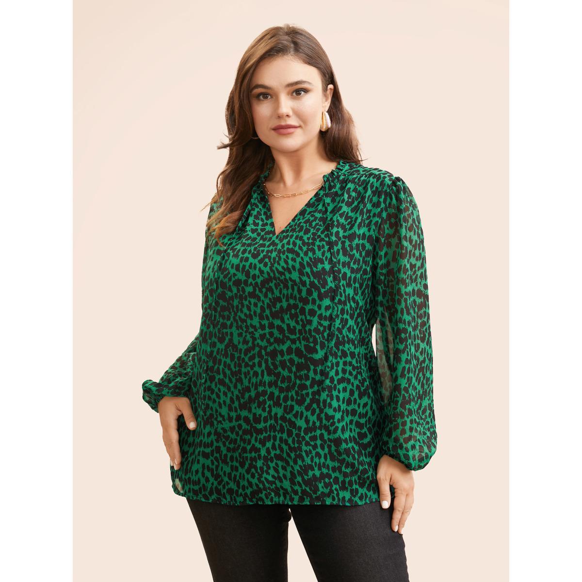 Plus Size DarkGreen Leopard Print Tie Knot Lantern Sleeve Blouse Women Elegant Long Sleeve V-neck Everyday Blouses BloomChic 26/4X Product Image