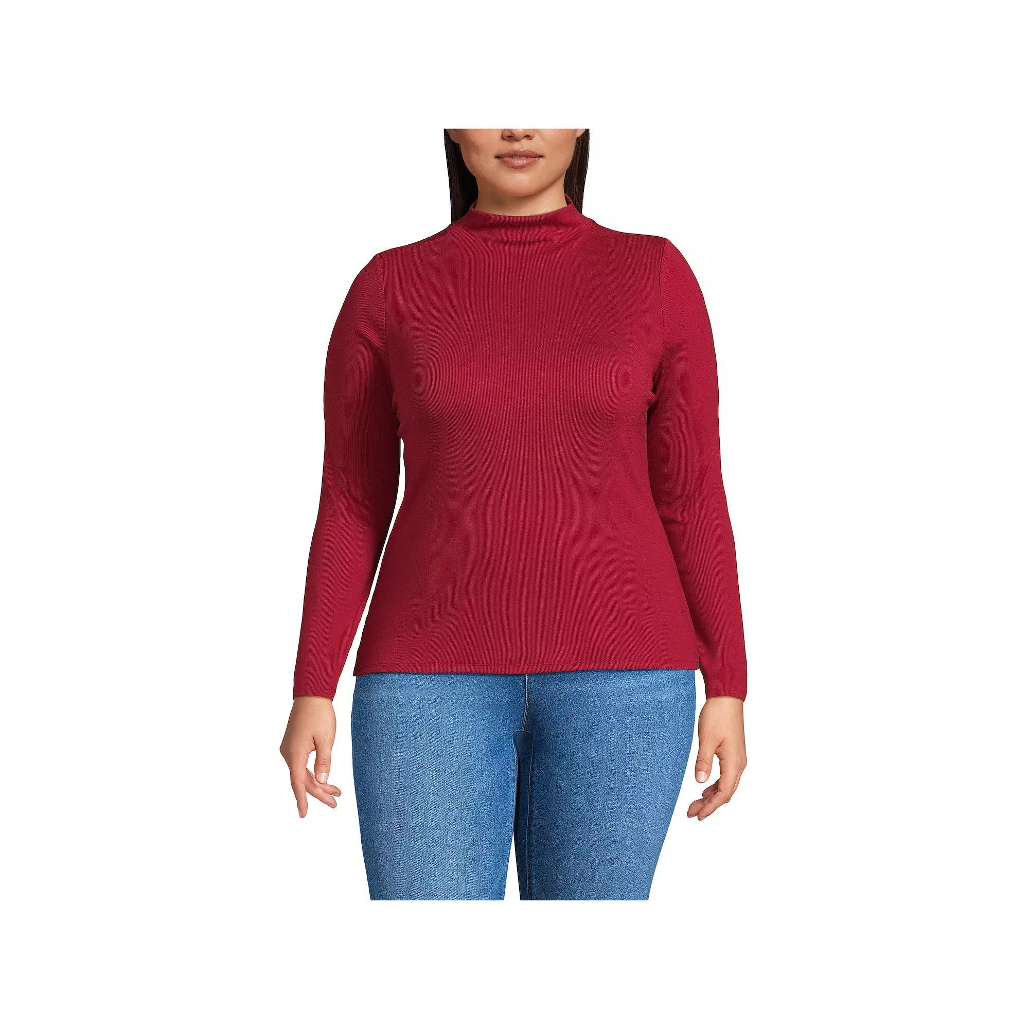 Plus Size Lands End Drapey Rib Skimming Long Sleeve Mockneck Top, Womens Red Red Product Image