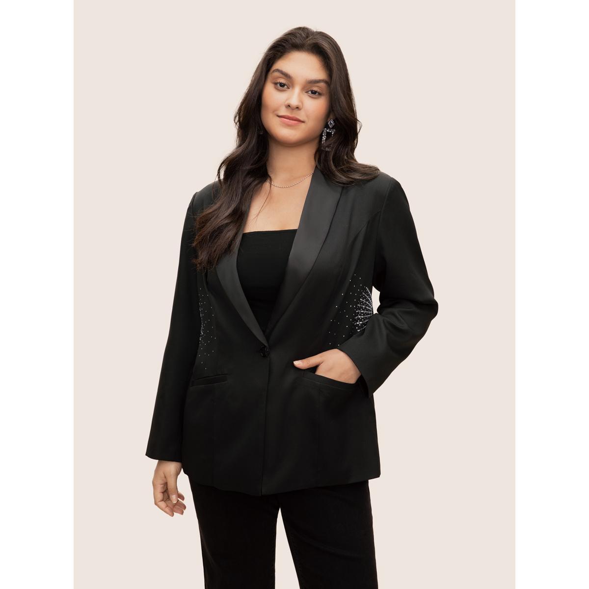 Plus Size Rhinestone Detail Patched Pocket Button Up Blazer Black Women Party Plain Non Sleeve Long Sleeve Suit Collar 14-16/1X Single-flap pocket Cocktail Blazers BloomChic Product Image