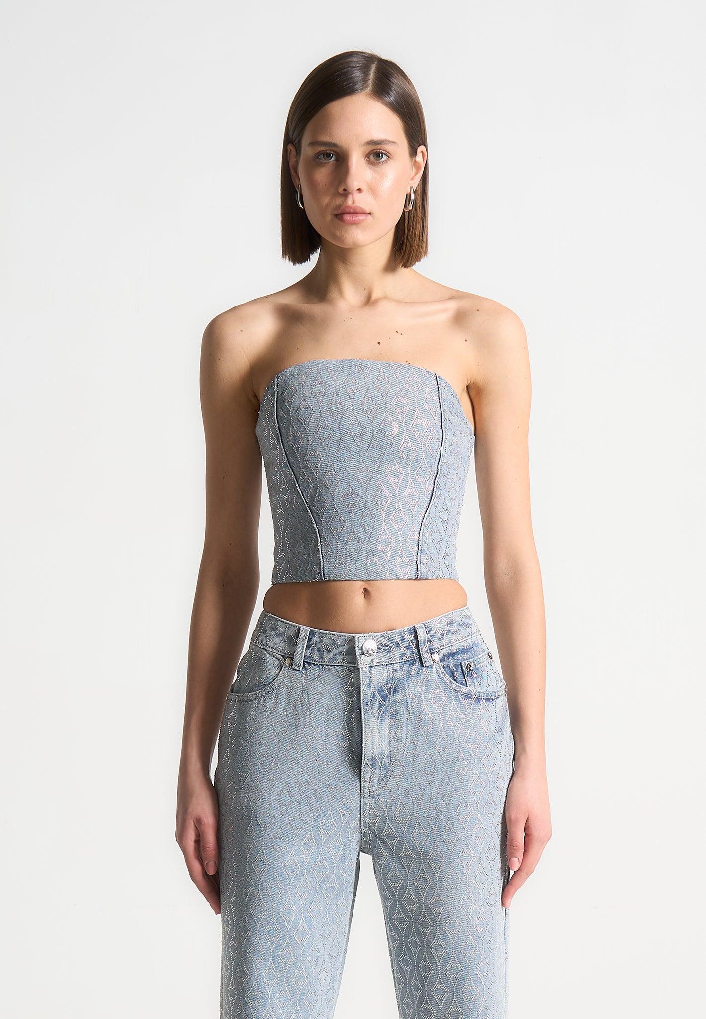 Rhinestone Eiffel Denim Bandeau Corset Top - Mid Blue Female Product Image