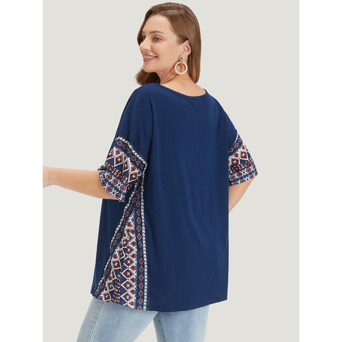 Plus Size Bandana Print Patchwork Crew Neck T-shirt Indigo Women Casual Patchwork Bohemian Print Round Neck Dailywear T-shirts BloomChic 12/L Product Image